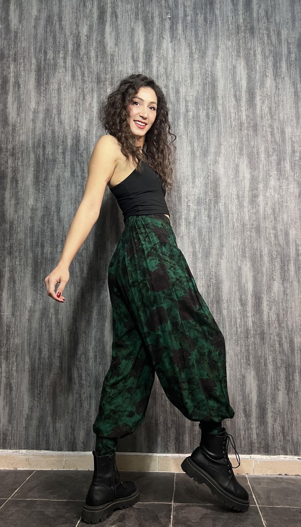 Pile Detaylı Şık  Batik Şalvar Pantolon - Zümrüt Yeşil