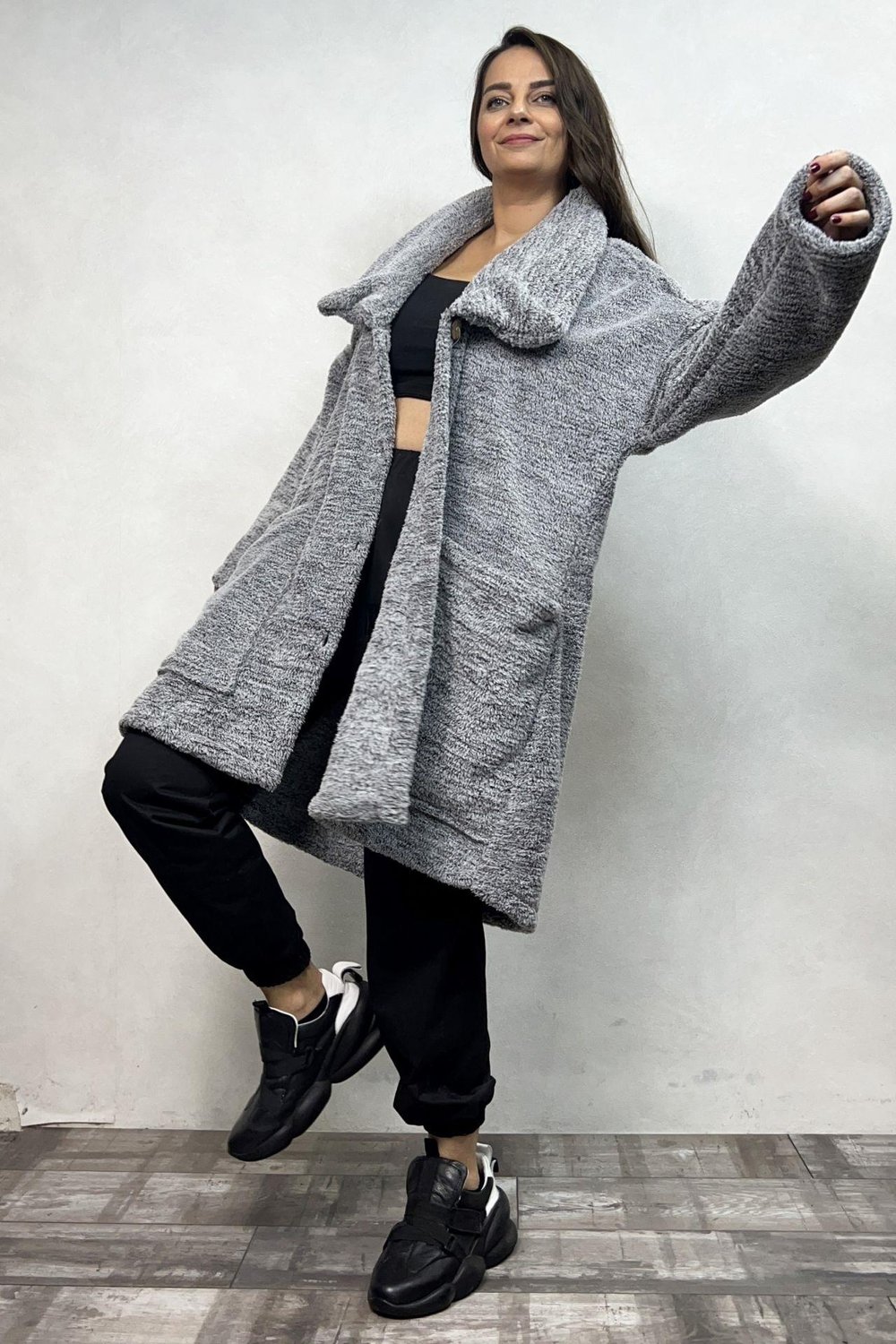 Puffy Peluş Oversize Ceket - Gri
