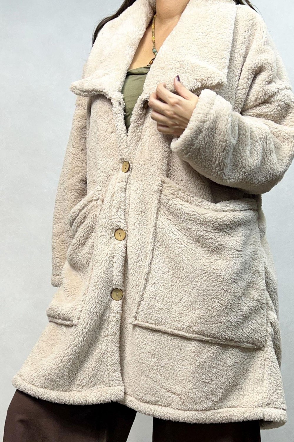 Puffy Peluş Oversize Ceket - Krem