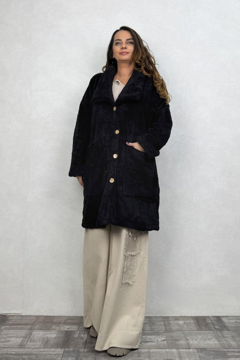 Puffy Peluş Oversize Ceket - Siyah