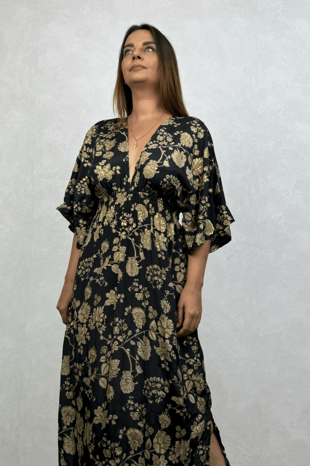 Rachel V Yaka İpek Elbise - Siyah Gold