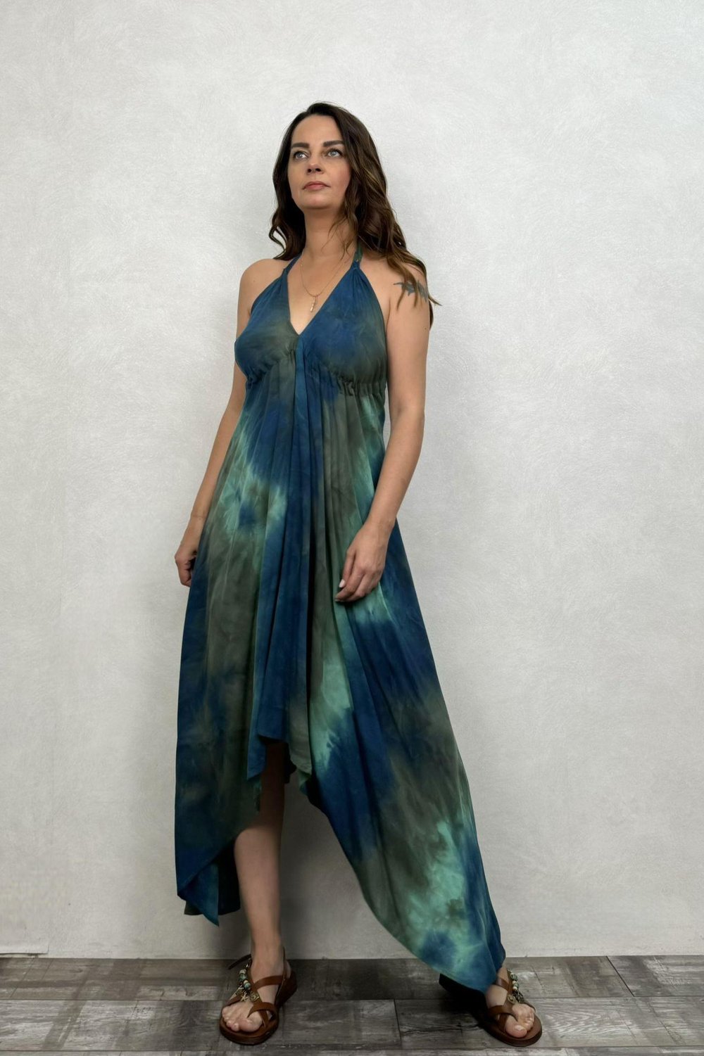 Sırt Dekolteli Batik Elbise - Petrol