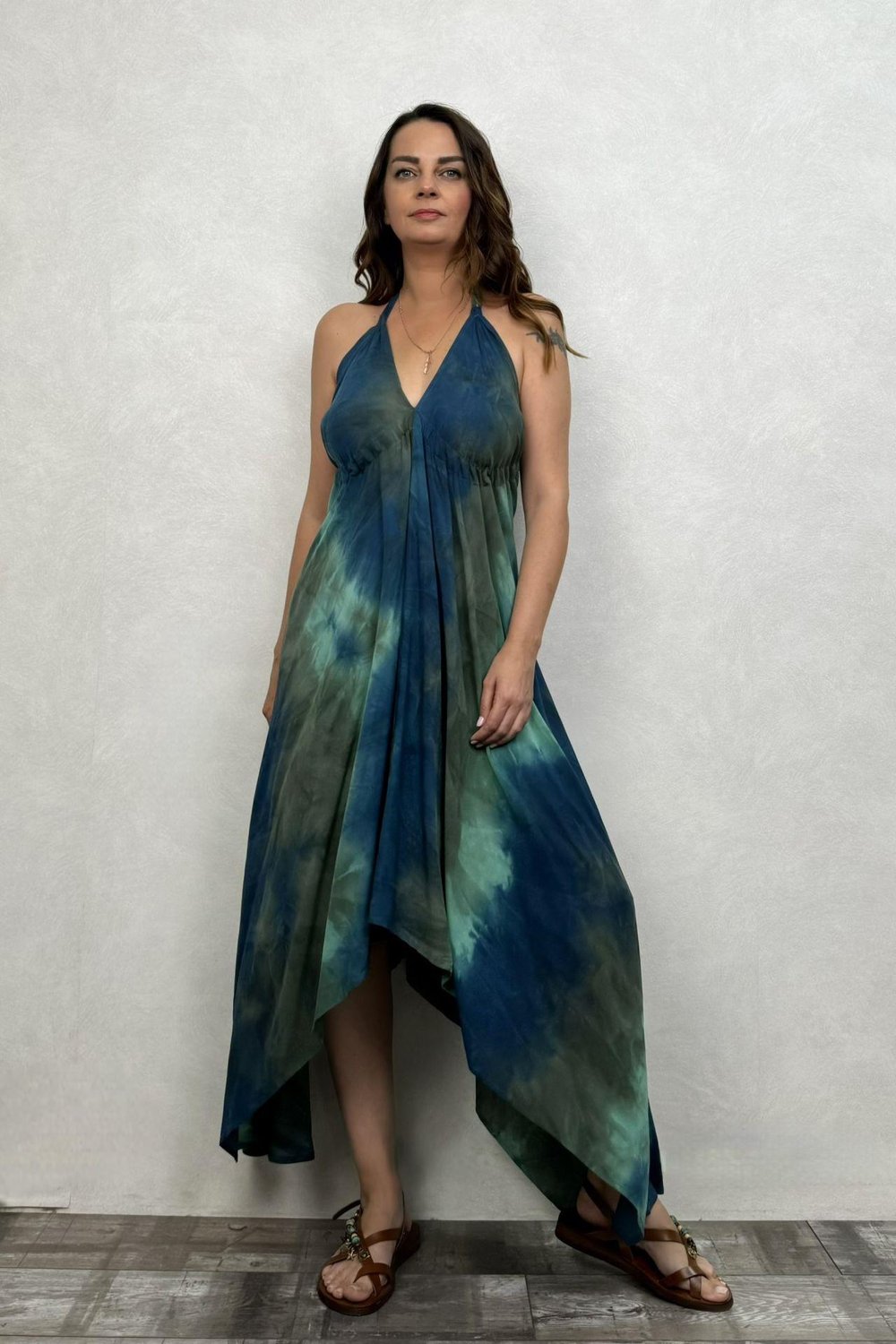 Sırt Dekolteli Batik Elbise - Petrol
