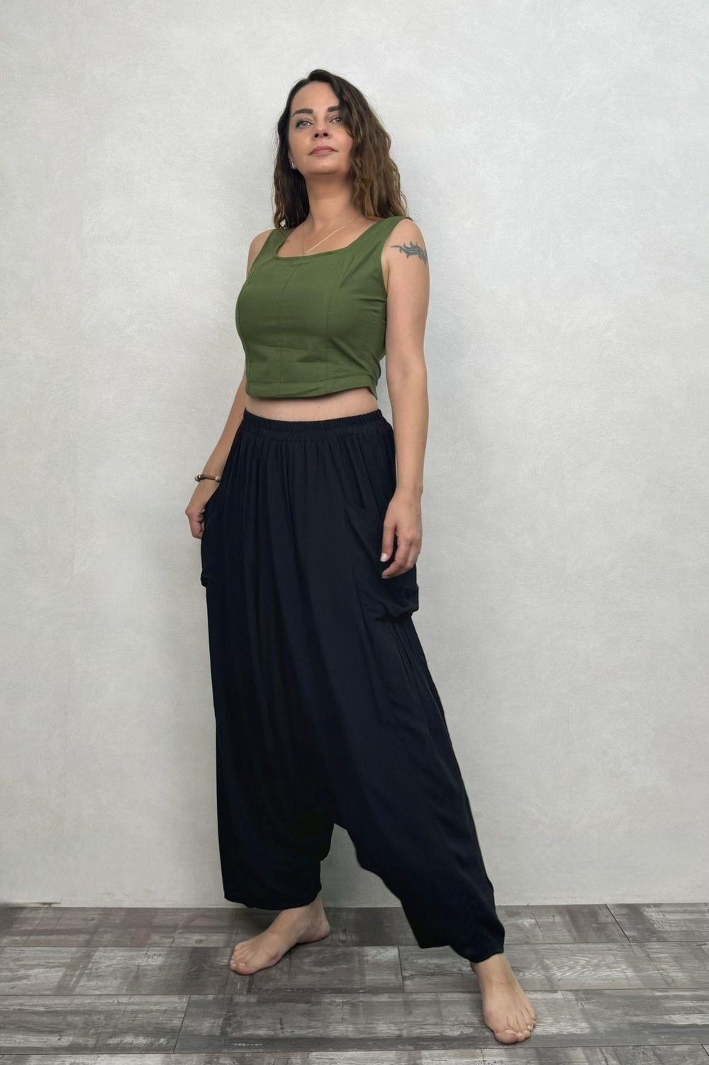 Sırt Lastikli Fit Crop Bluz - Haki