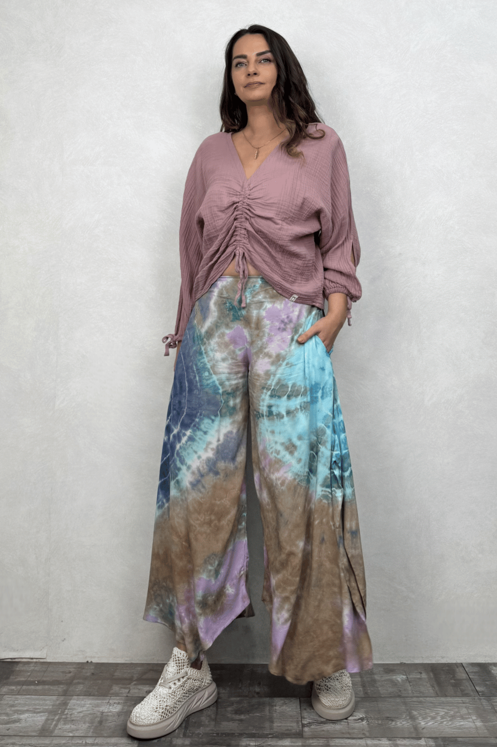 Yırtmaçlı Batik Pantolon - Mavi Lila