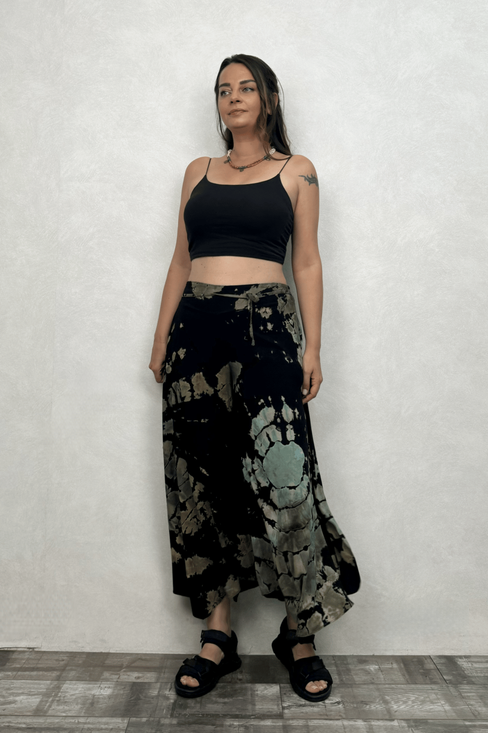 Yırtmaçlı Batik Pantolon - Siyah Yeşil