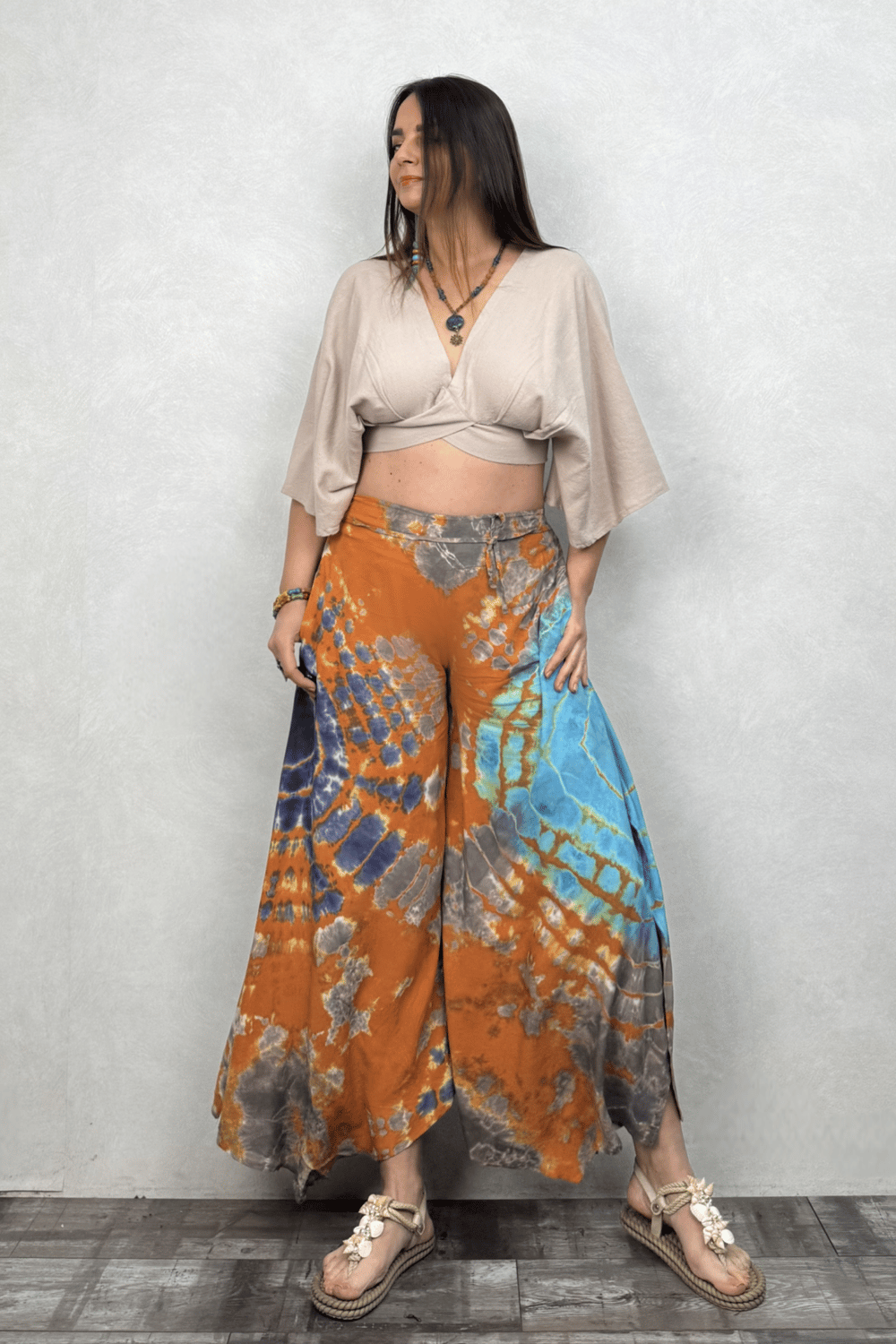 Yırtmaçlı Batik Pantolon - Turuncu
