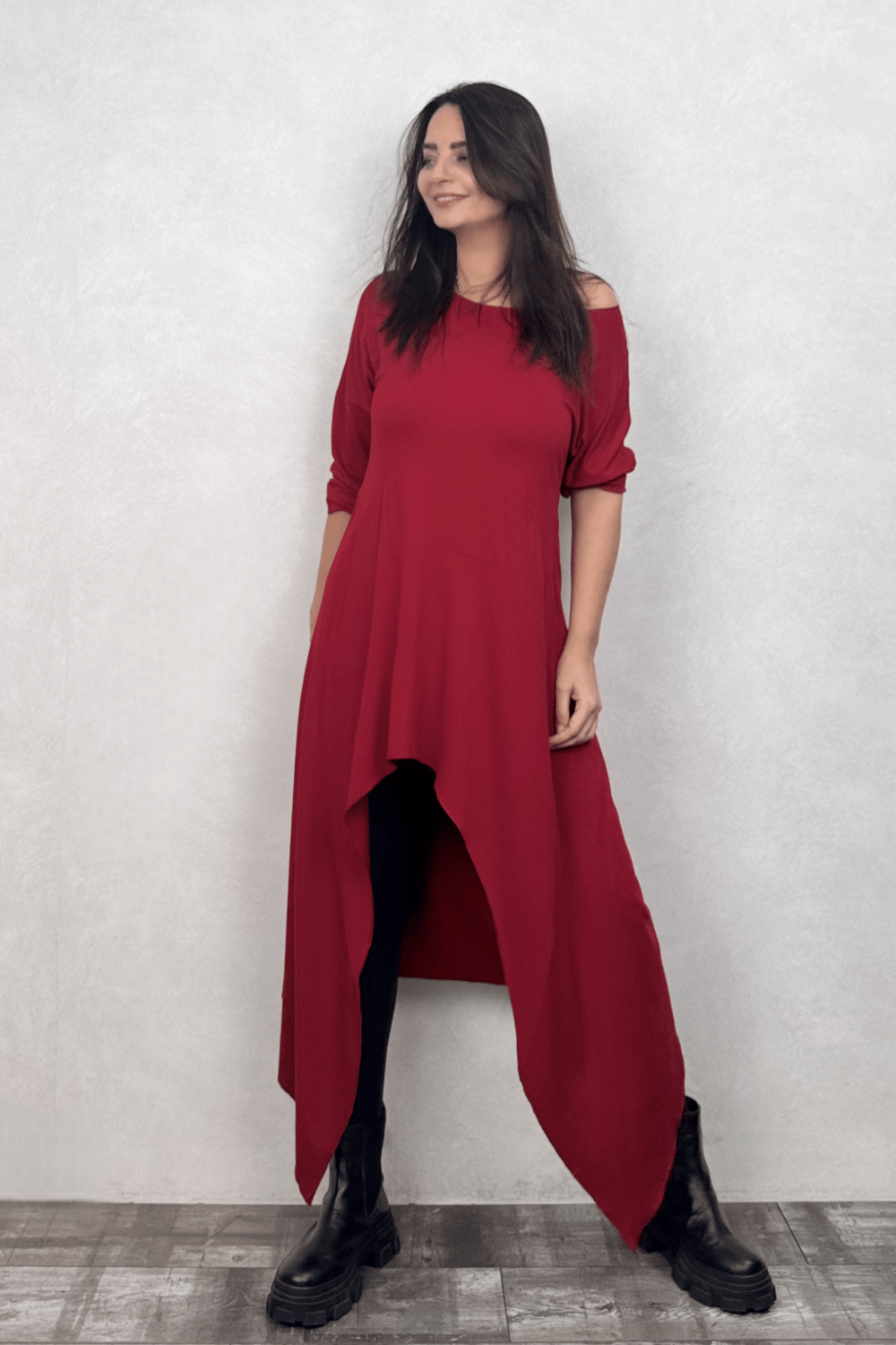 Asimetrik Maxi Uzun Tunik Elbise - Bordo