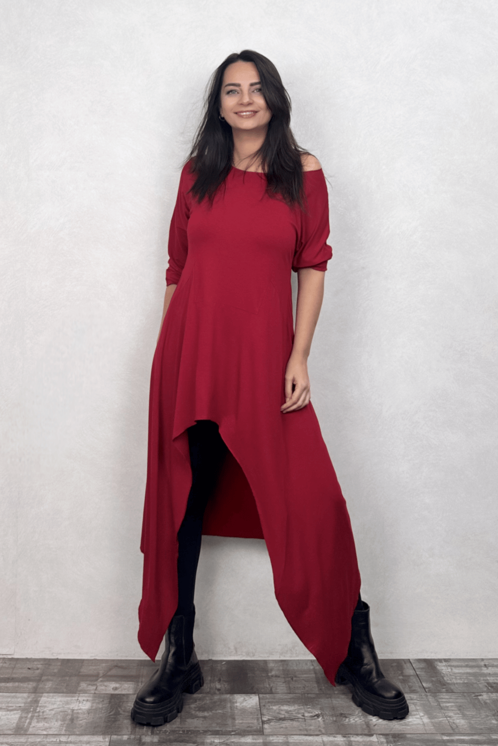 Asimetrik Maxi Uzun Tunik Elbise - Bordo