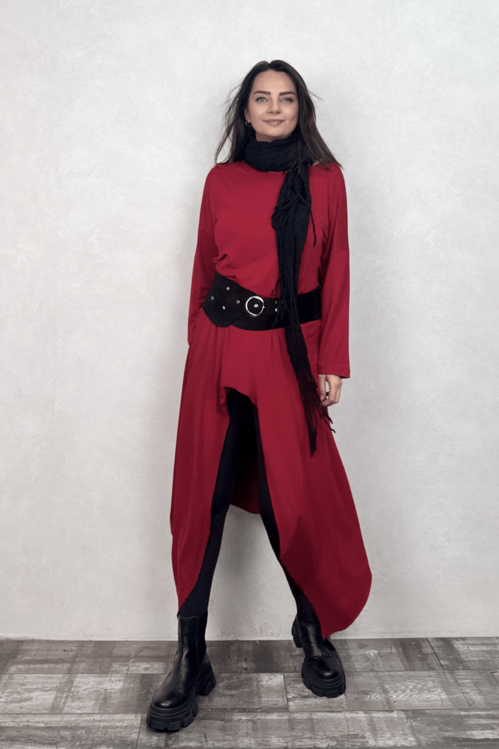 Asimetrik Maxi Uzun Tunik Elbise - Bordo