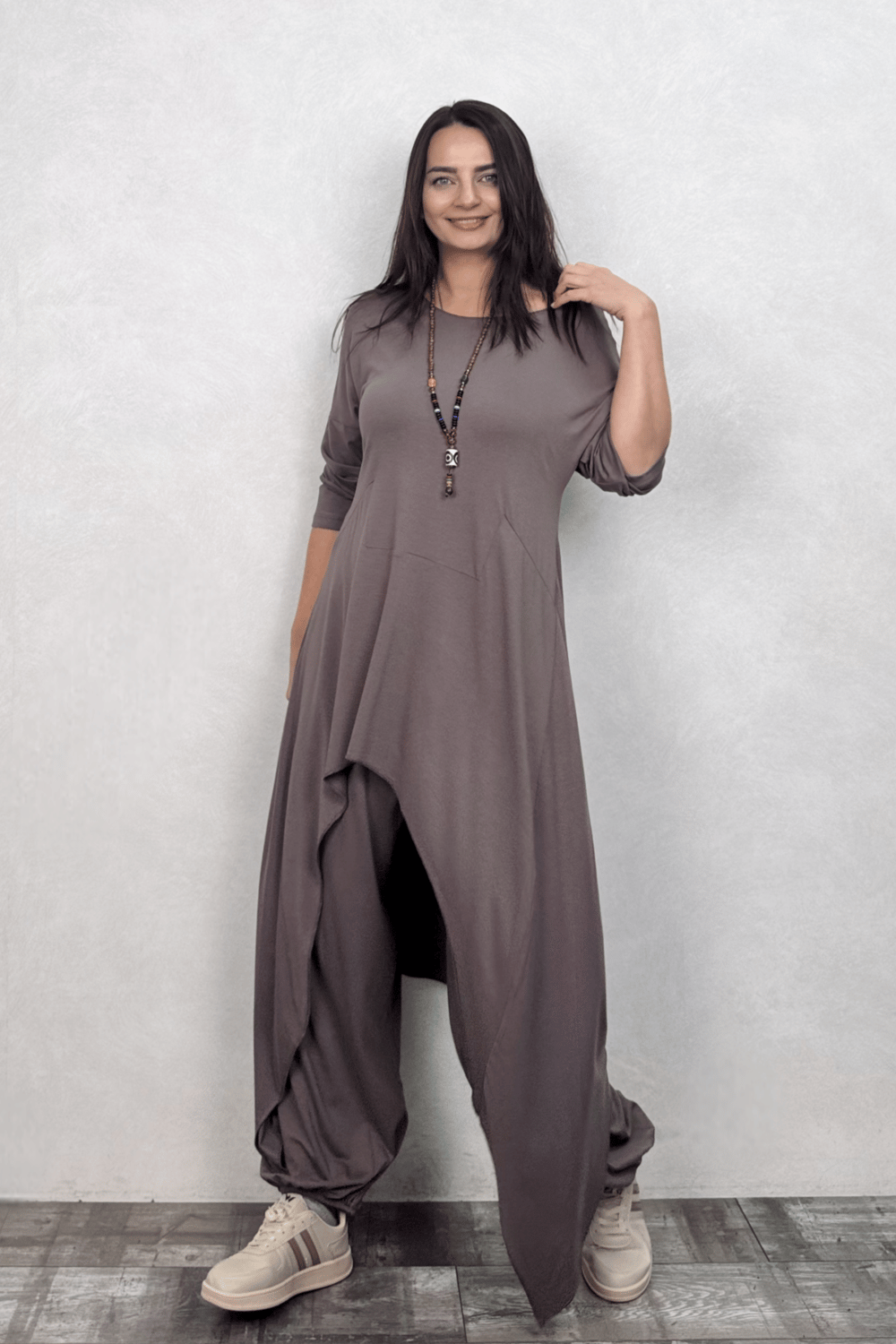 Asimetrik Maxi Uzun Tunik Elbise - Vizon