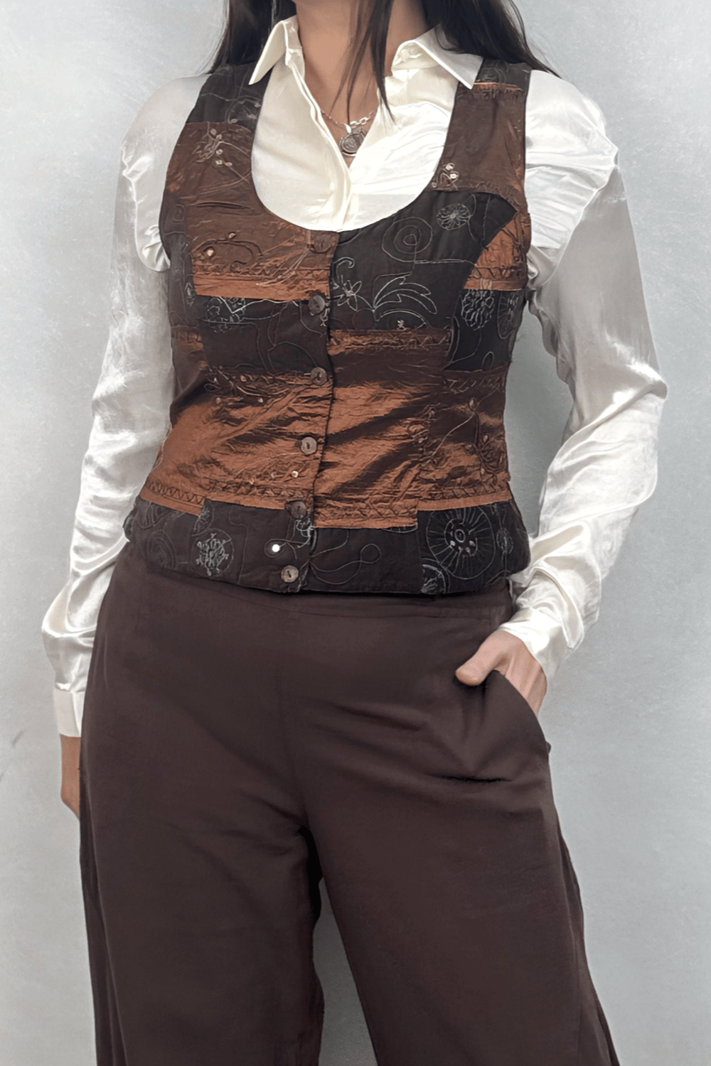 Asya Nakışlı Yelek - Patch Kahve