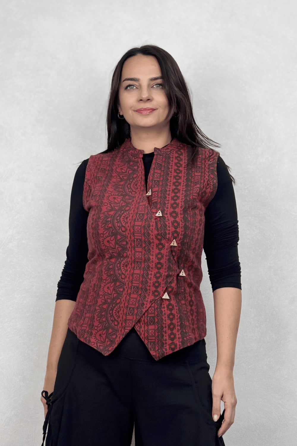 Çapraz Düğmeli Etnik Yelek - Bordo