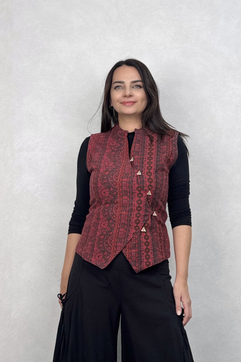 Çapraz Düğmeli Etnik Yelek - Bordo