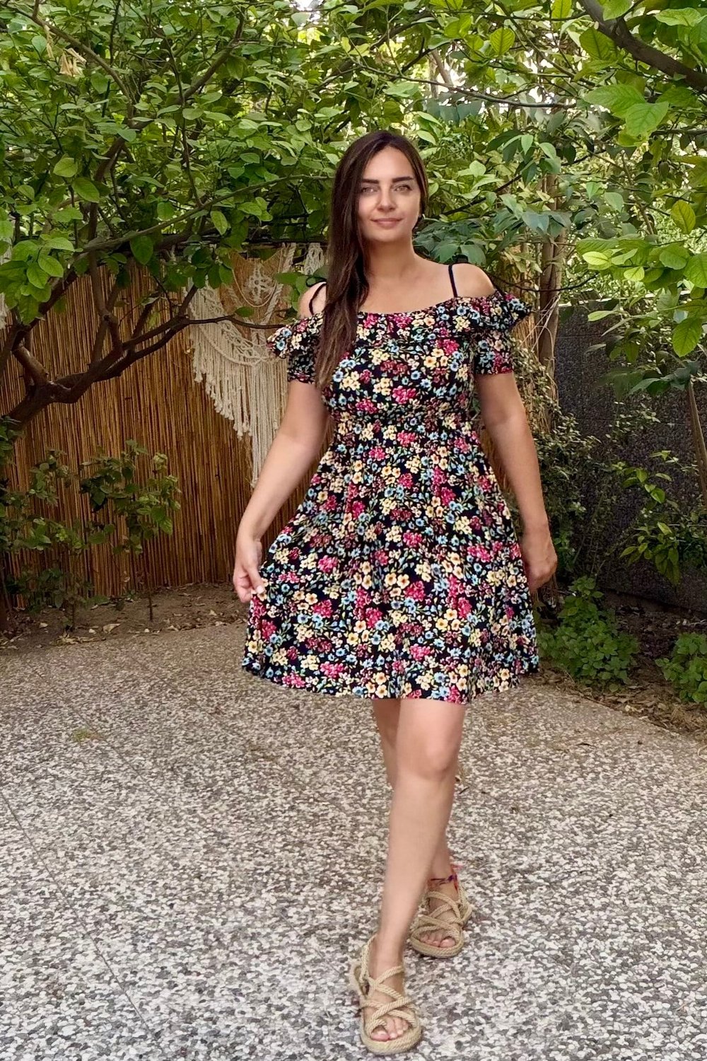 Çıtır Çiçek Mini Elbise -Siyah
