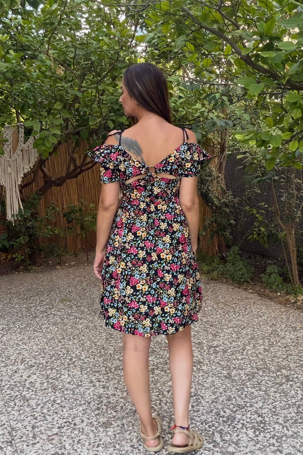 Çıtır Çiçek Mini Elbise -Siyah