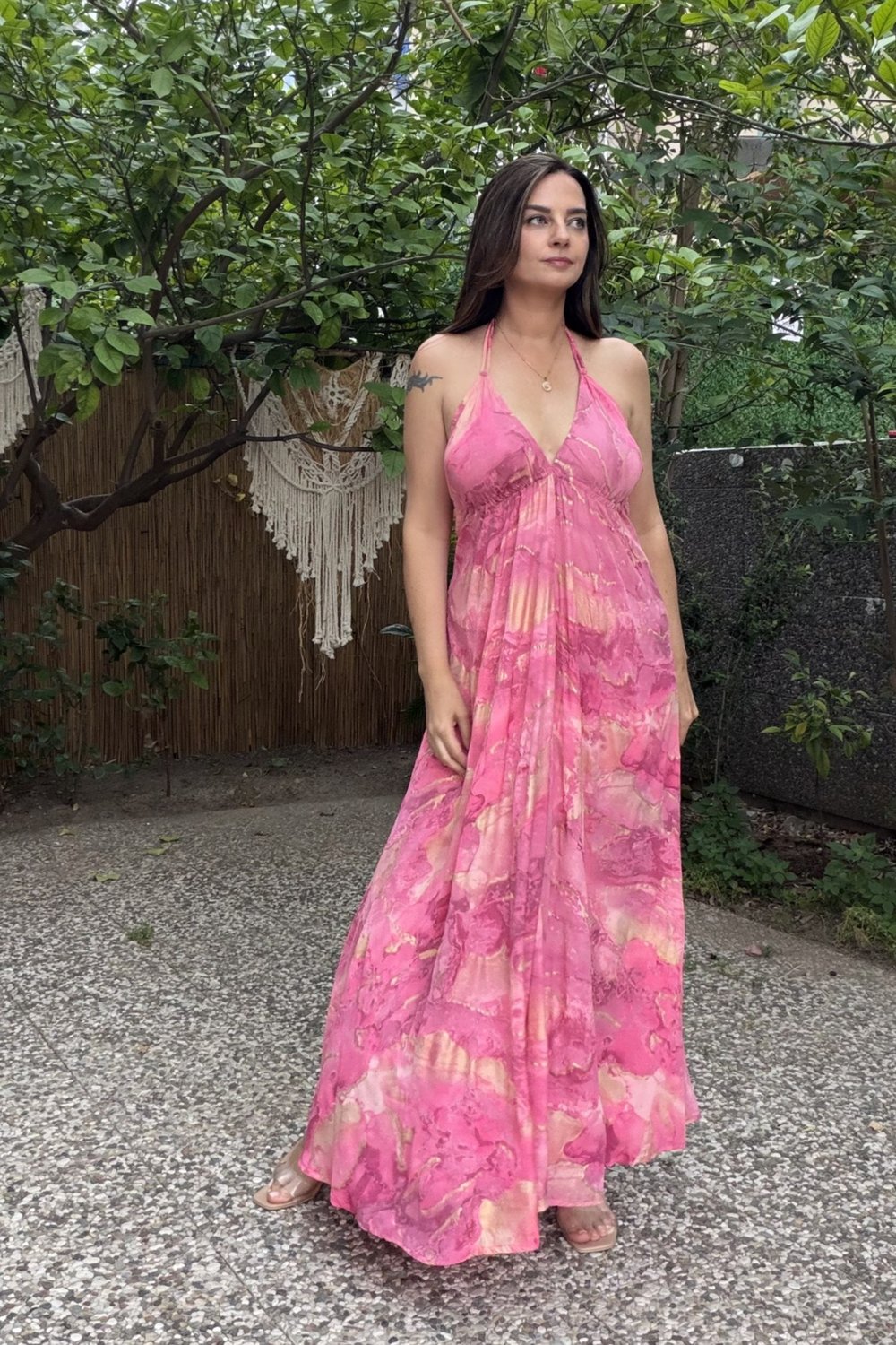 Dalia İpek Elbise -pembe Gold