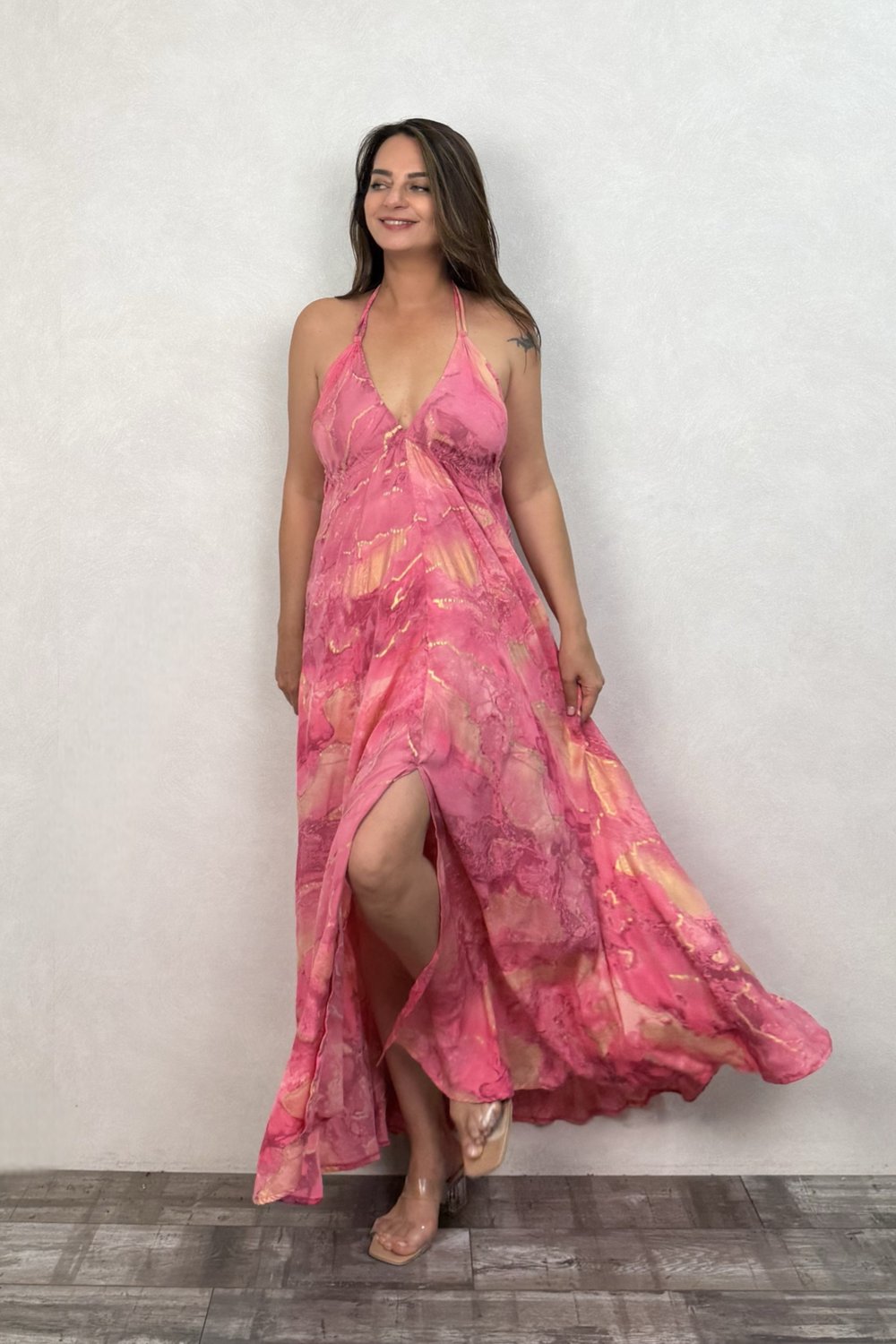 Dalia İpek Elbise -pembe Gold