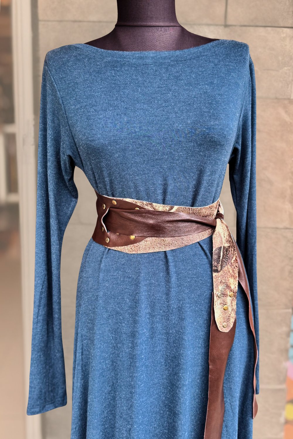Dolamalı Perçinli Vintage Deri Kemer - Çift Renk Kahve