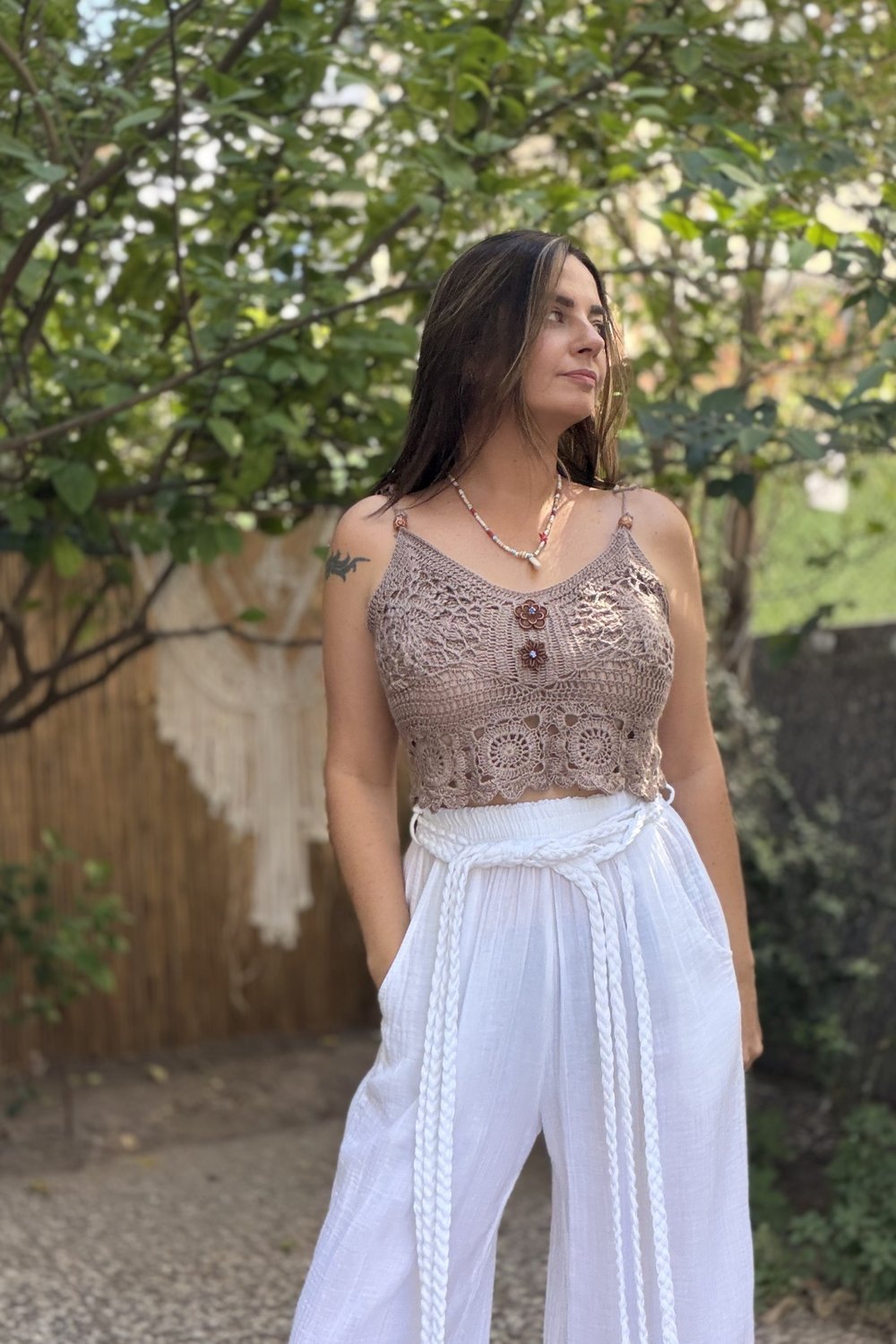 Düğme Detaylı Crop Bluz -Sütlü Kahve