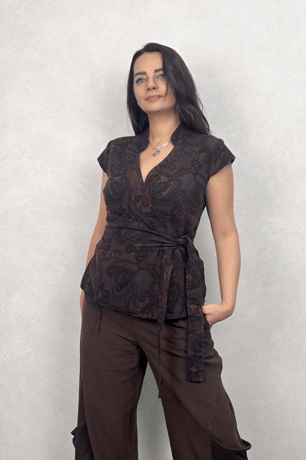 Gabardin Kimono Yelek - Desenli Acı Kahve