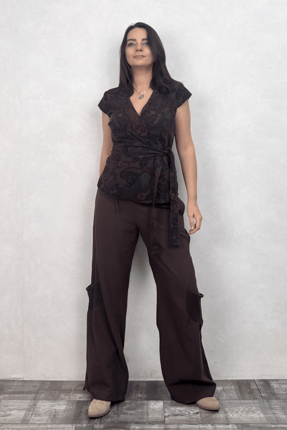 Gabardin Kimono Yelek - Desenli Acı Kahve