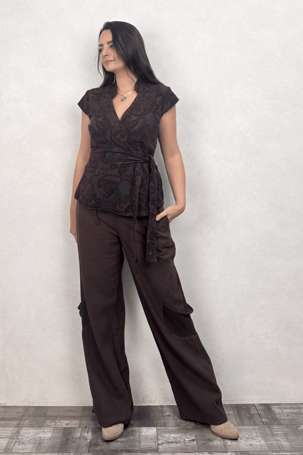 Gabardin Kimono Yelek - Desenli Acı Kahve