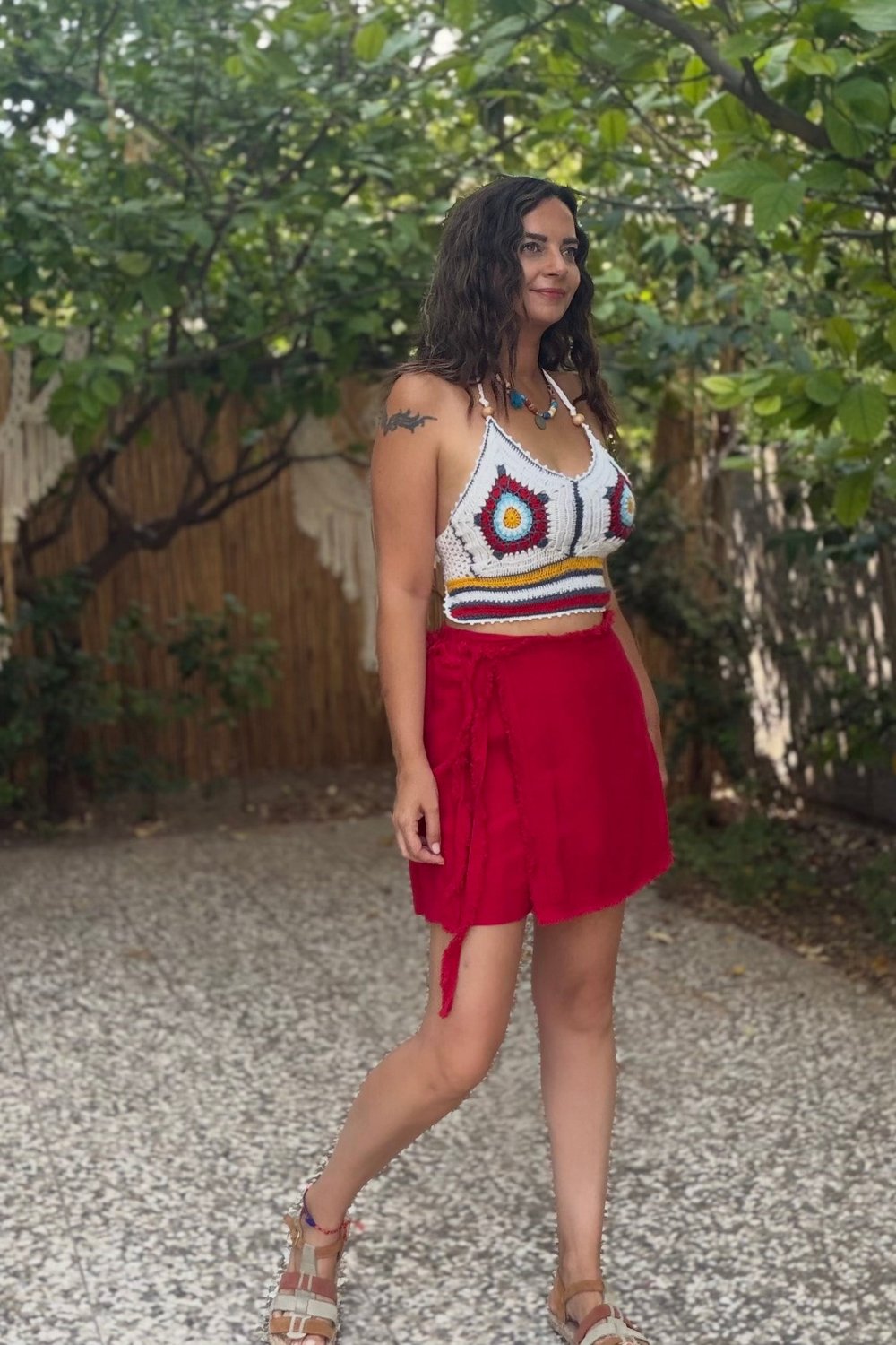 Hand Made Motifli Crop Bluz  Beyaz