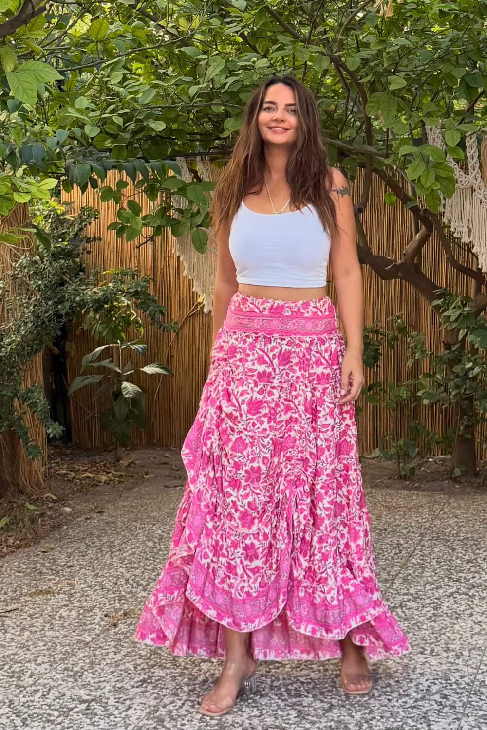 Katlı İp Bağlamalı İspanyol İpek Etek- Pink Flor