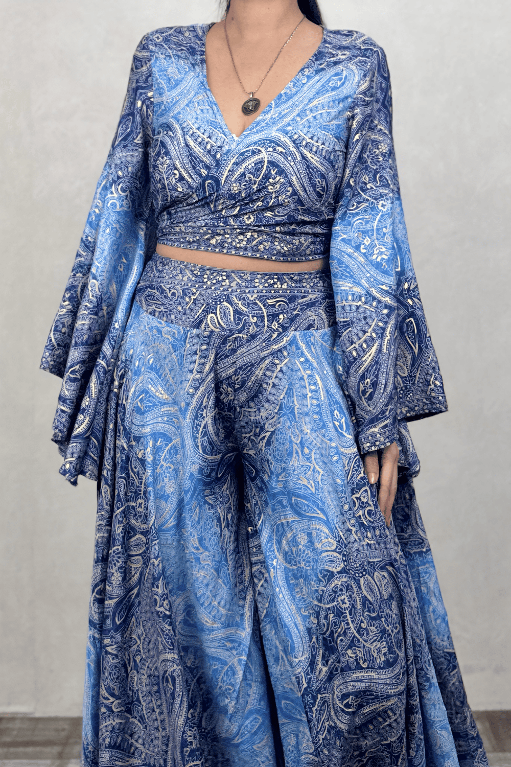 Kimono Kol İpek Bolero Bluz - Mavi Şal