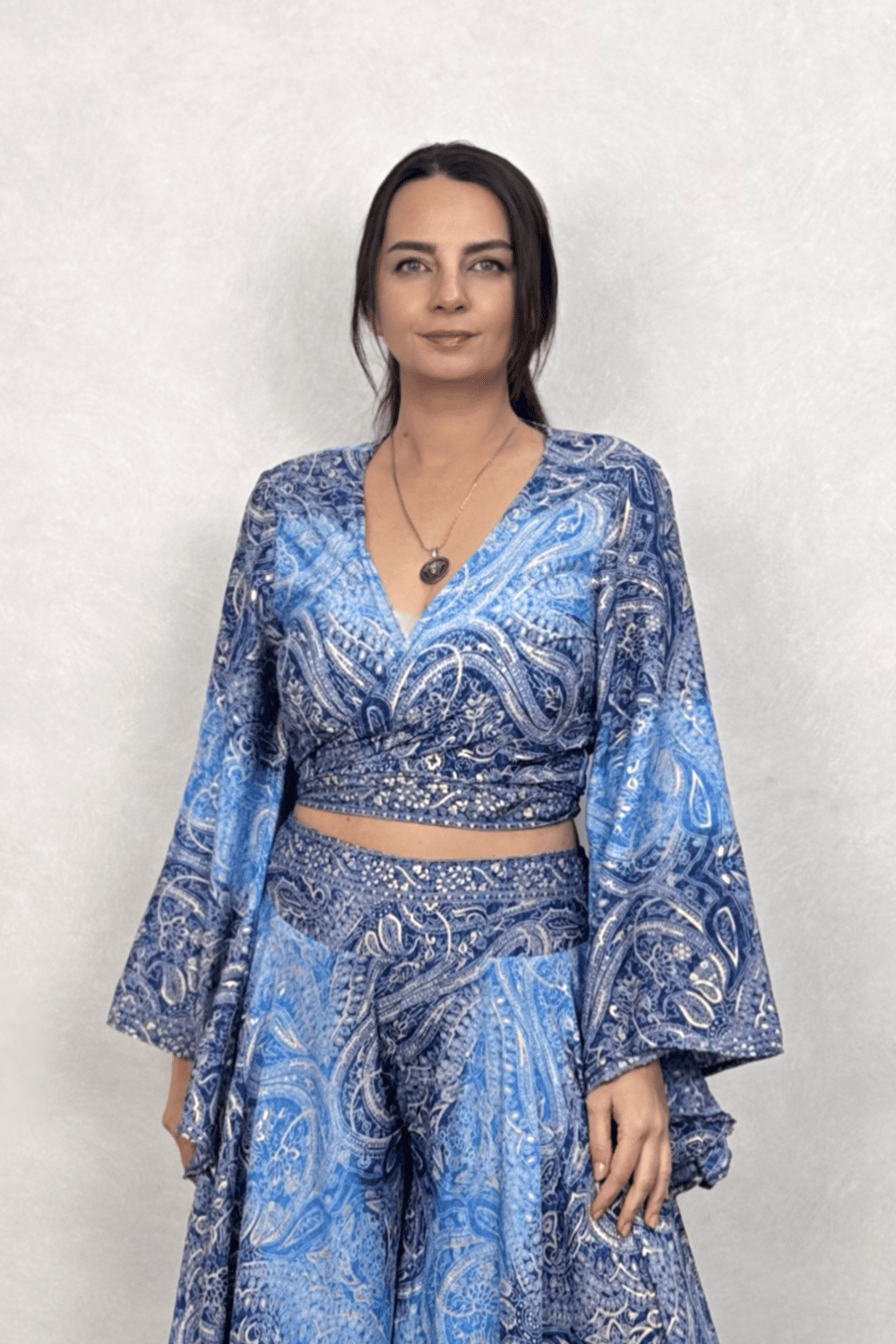 Kimono Kol İpek Bolero Bluz - Mavi Şal
