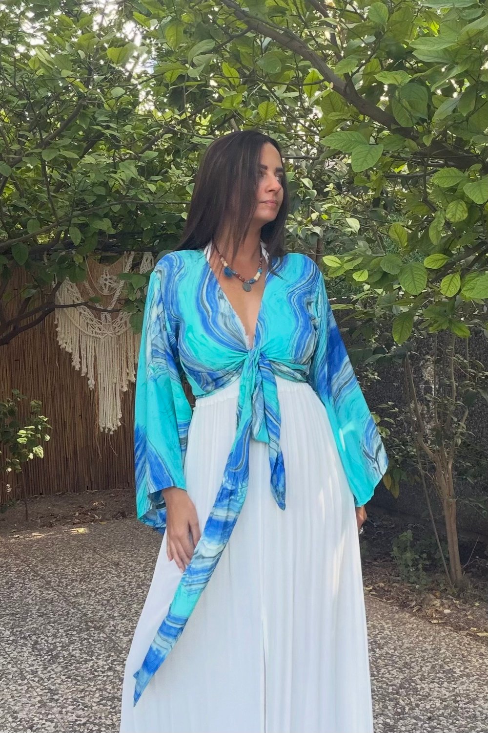 Kimono Kol İpek Bolero Bluz -Mavi Turkuaz