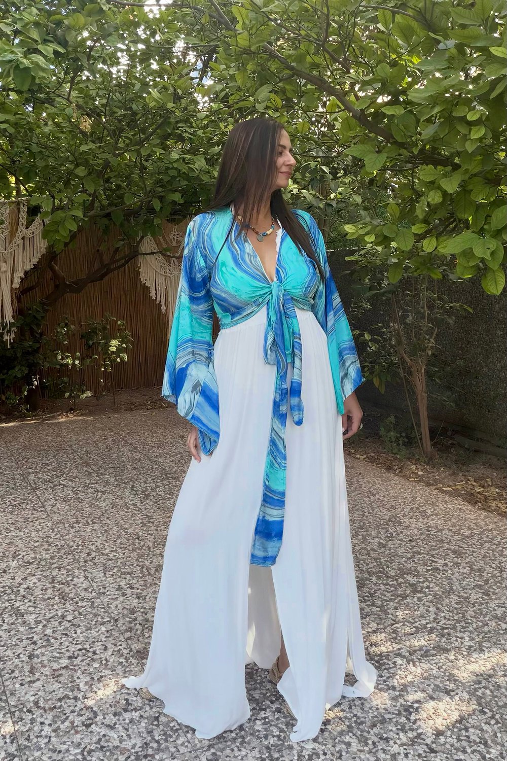Kimono Kol İpek Bolero Bluz -Mavi Turkuaz