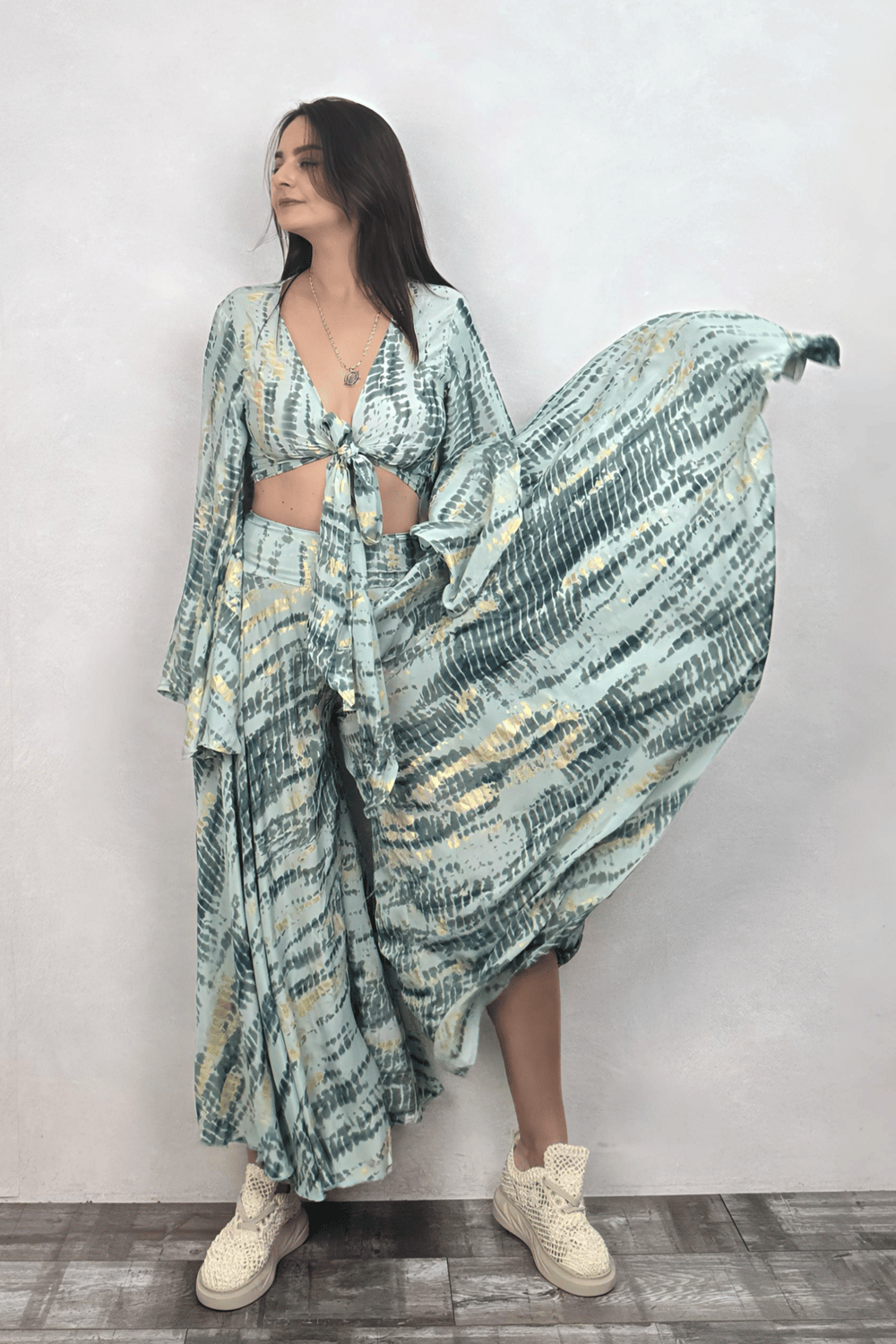 Kimono Kol İpek Bolero Bluz - Yeşil Işıltı