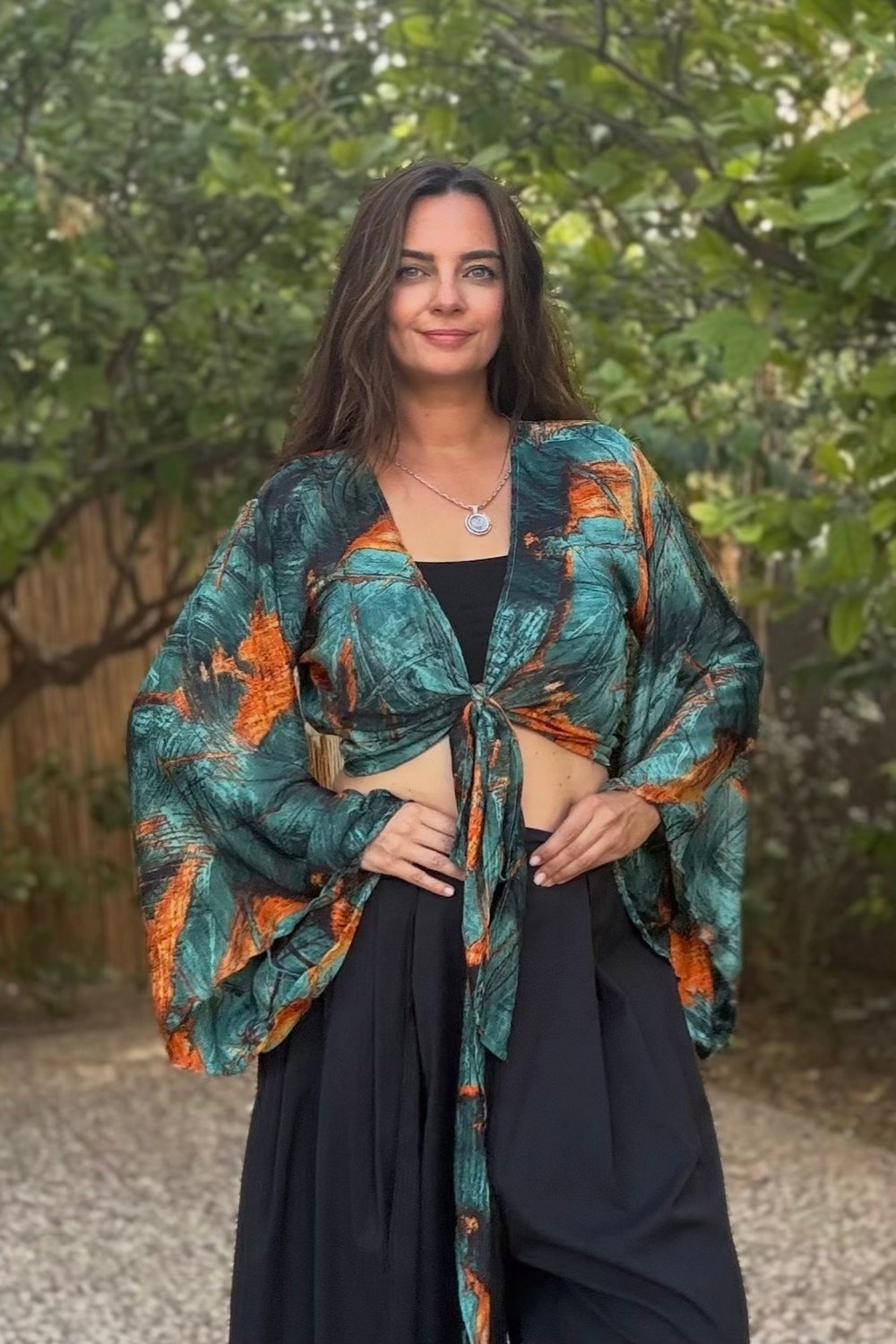 Kimono Kol İpek Bolero Bluz -Zümrüt