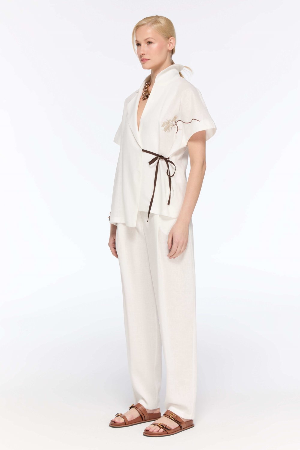 Lamante Keten Kimono Bluz - Beyaz