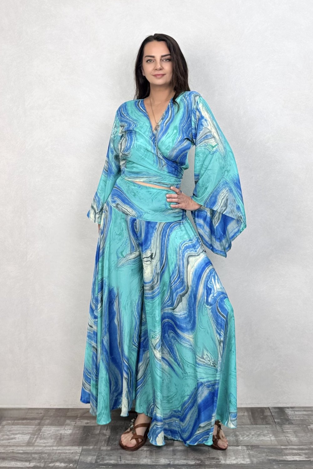 Kimono Kol İpek Bolero Bluz -Mavi Turkuaz