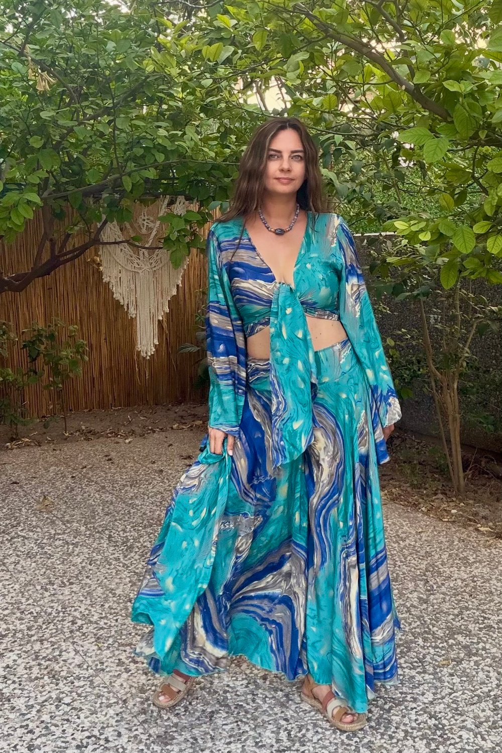 Palermo Ocean Kimono Kol İpek Takım -Yıldızlı Gece