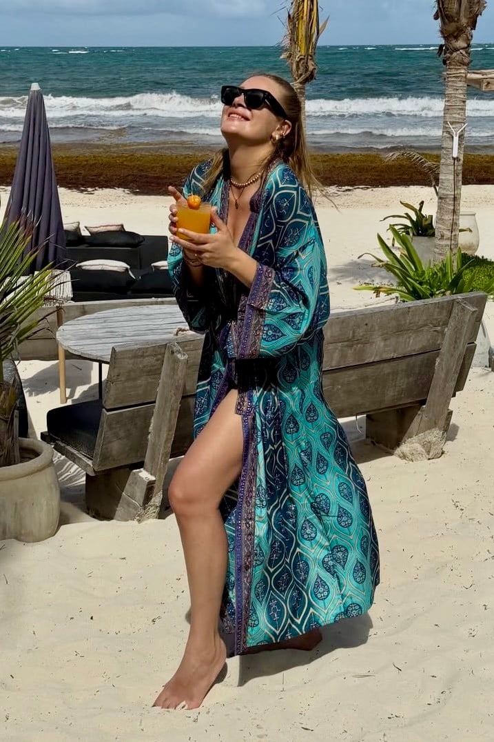 Premium İpek Kimono - Mavi Kronos