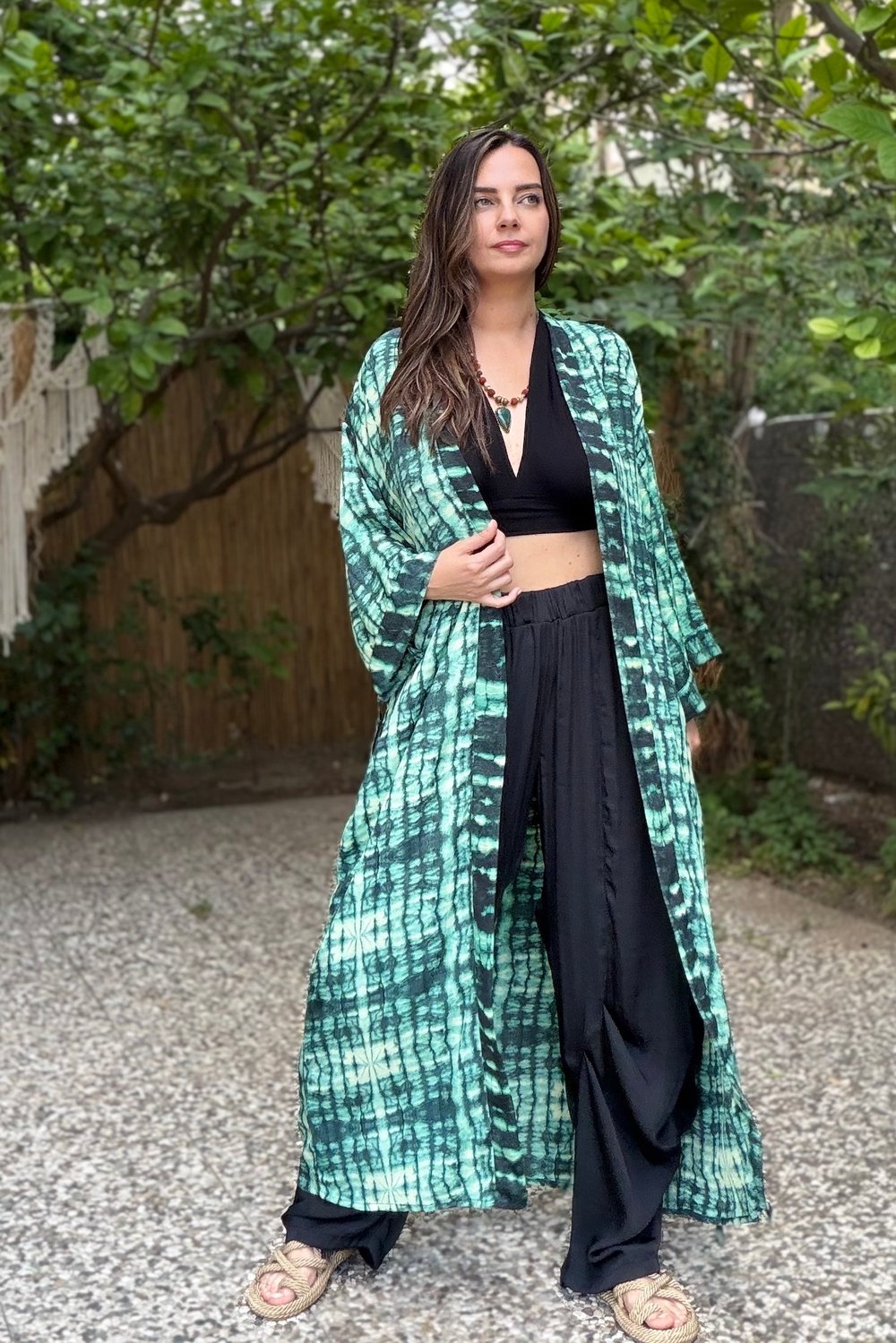 Premium İpek Kimono - Sunset Yeşil Siyah