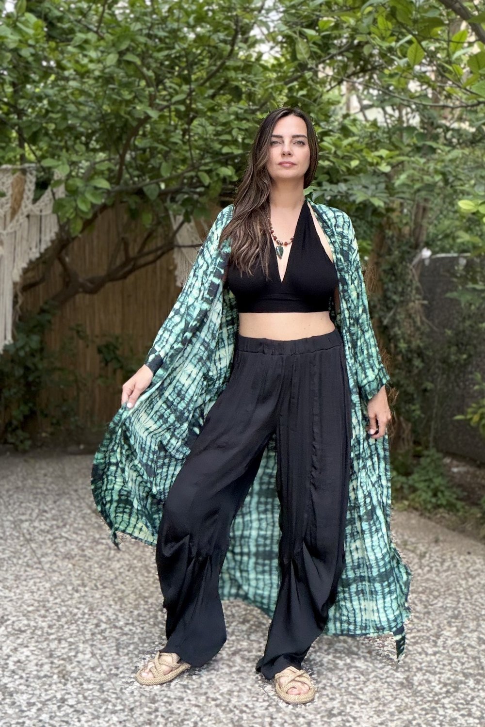 Premium İpek Kimono - Sunset Yeşil Siyah