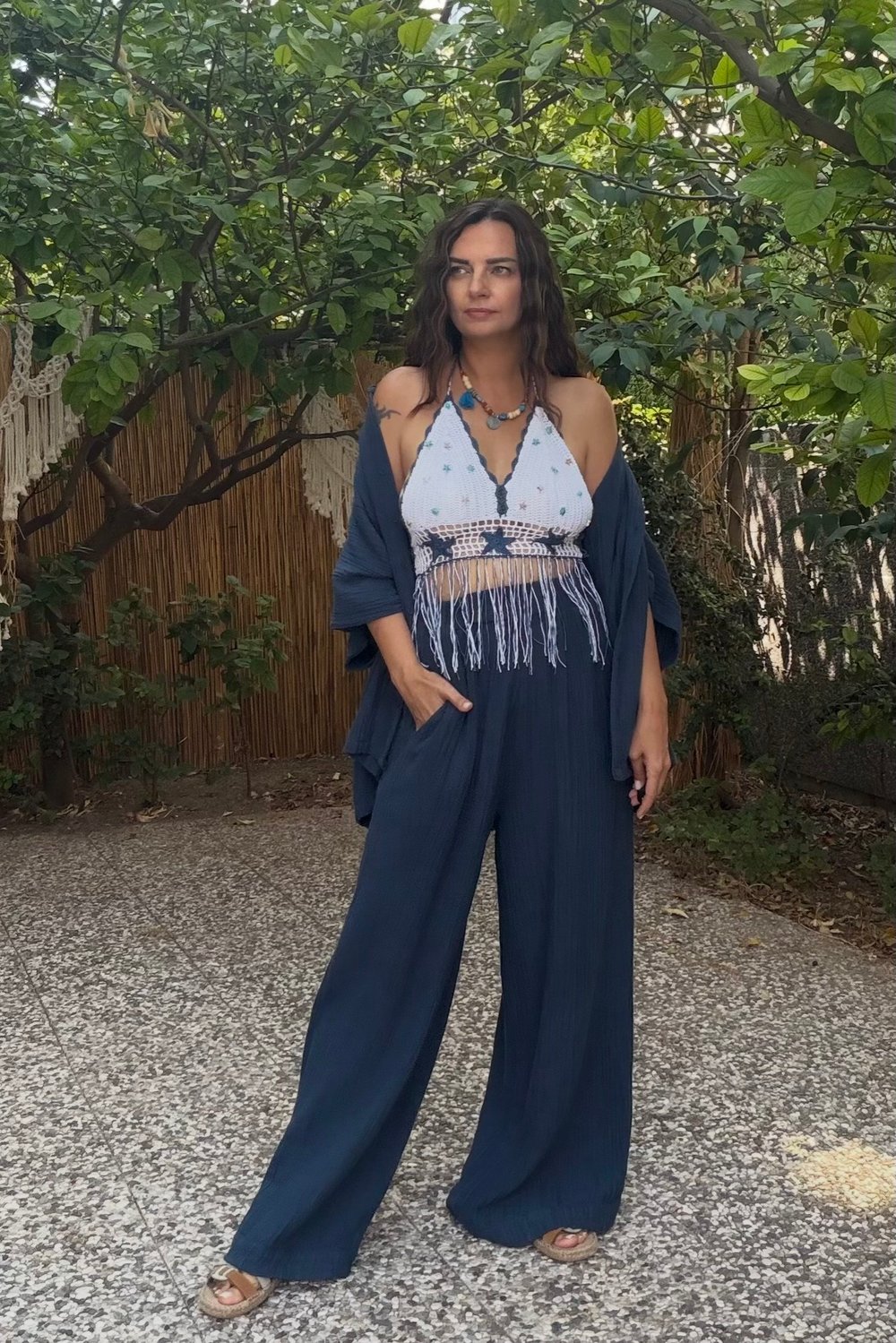 Püsküllü Hand Made Boncuklu Crop- Lacivert Beyaz