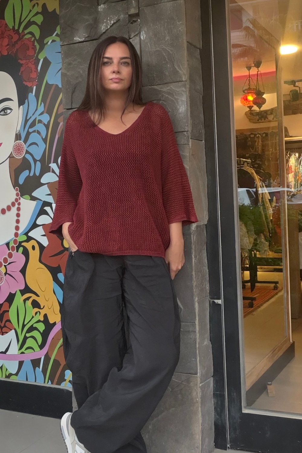 Taş Yıkamalı Ajurlu Triko Bluz - Bordo