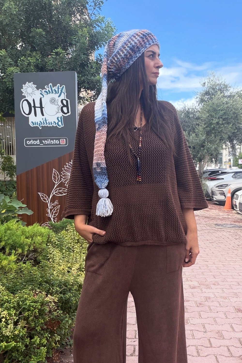 Taş Yıkamalı Ajurlu Triko Bluz - Kahve