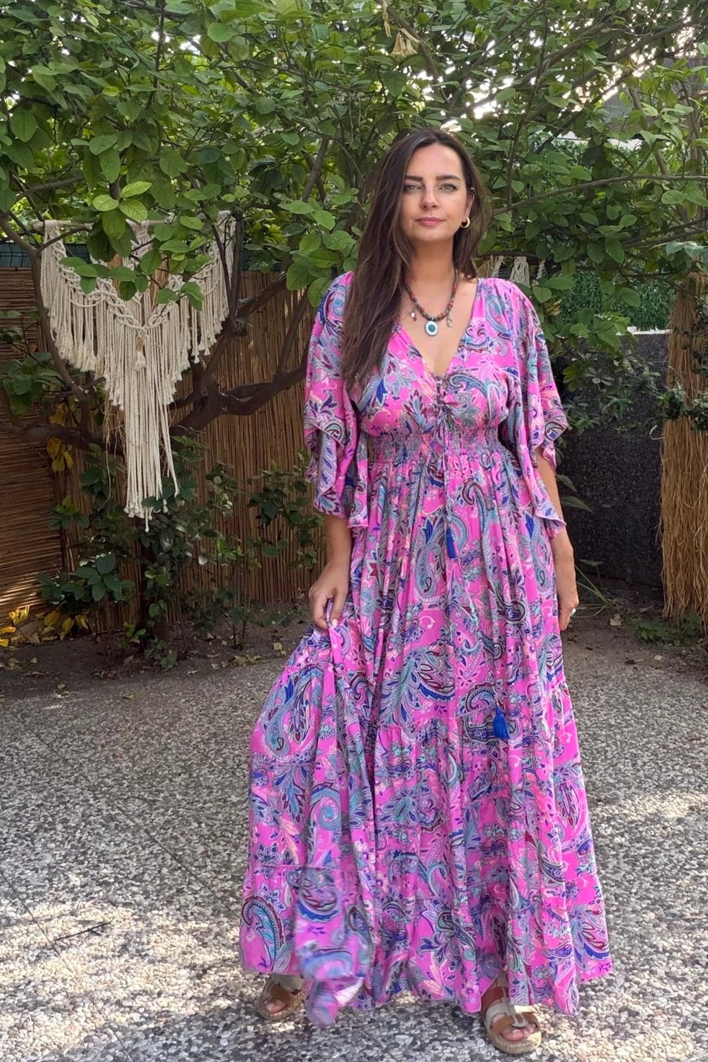 Valensiya Yarasa Kol İpek Elbise - Pembe Şal