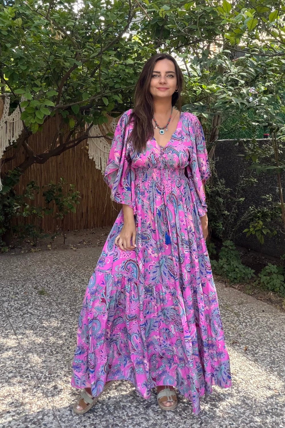 Valensiya Yarasa Kol İpek Elbise - Pembe Şal