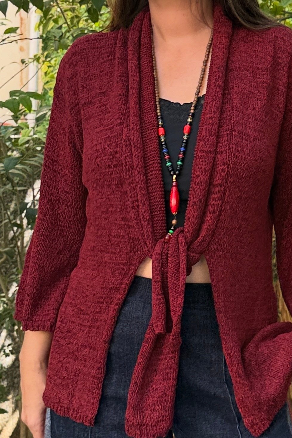 Wrap Ön Bağlamalı Merserize Hırka -Bordo