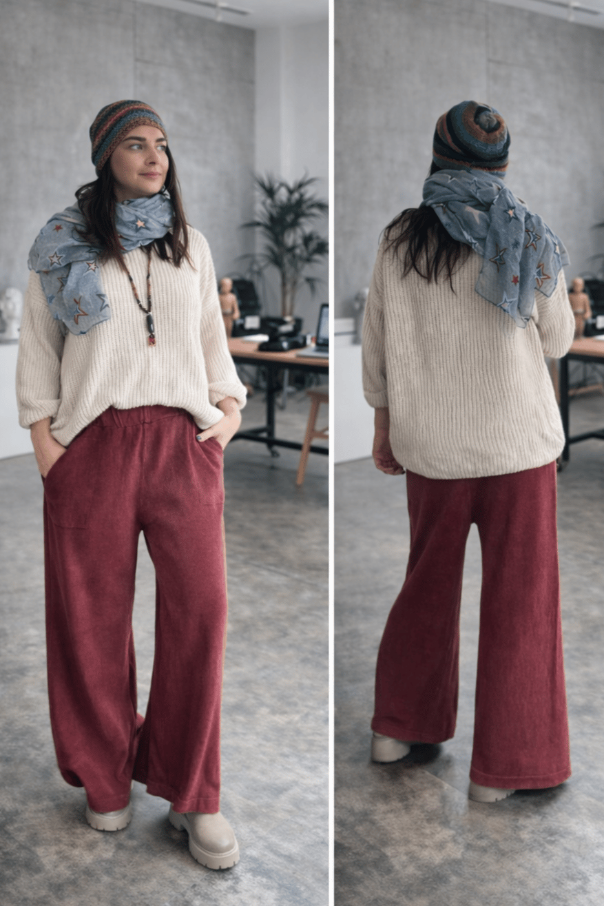 Yıkamalı Triko Pantolon - Bordo