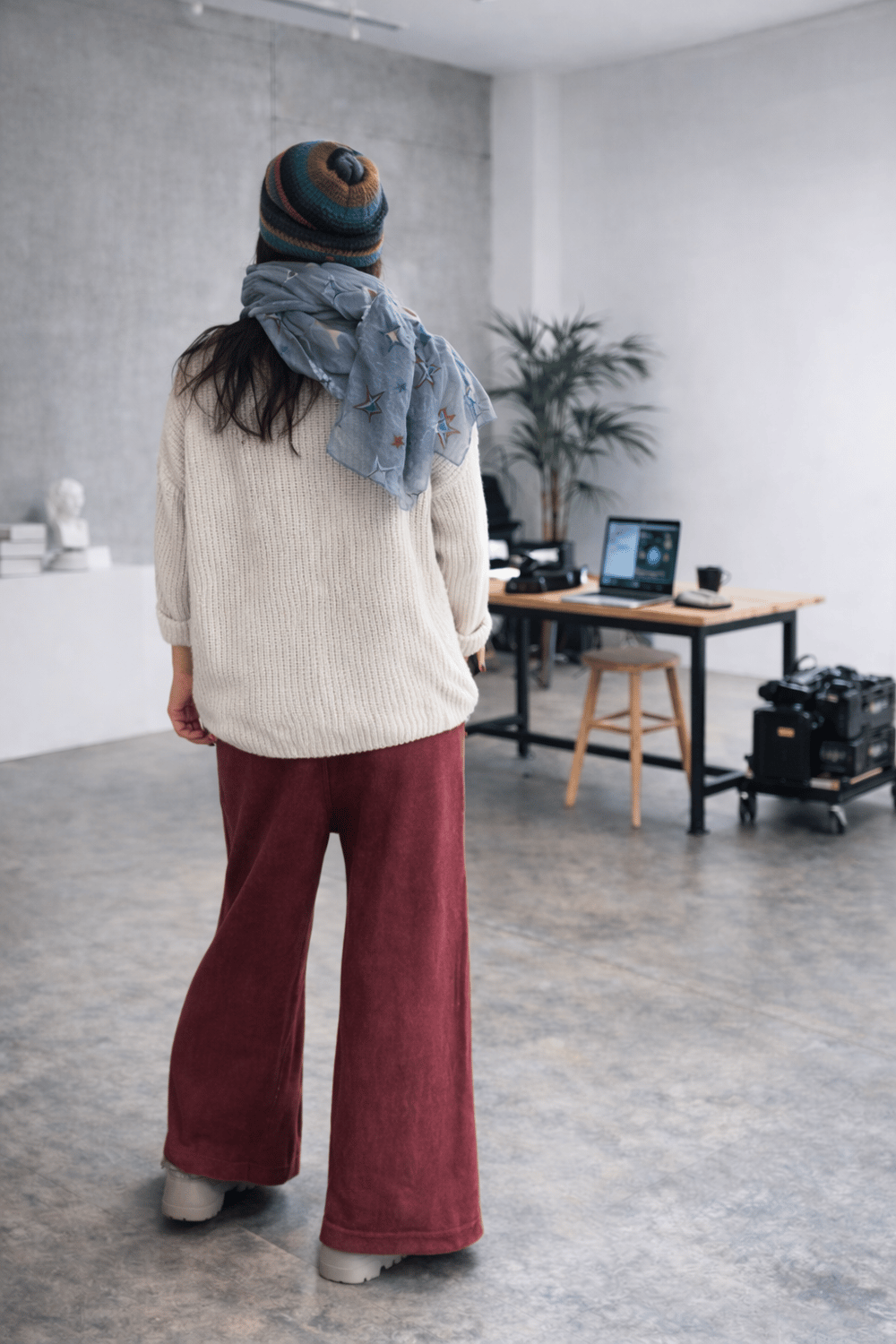 Yıkamalı Triko Pantolon - Bordo