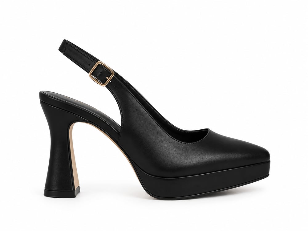 Alpelli Siyah Hakiki Deri Platform Topuklu Slingback Ayakkabı